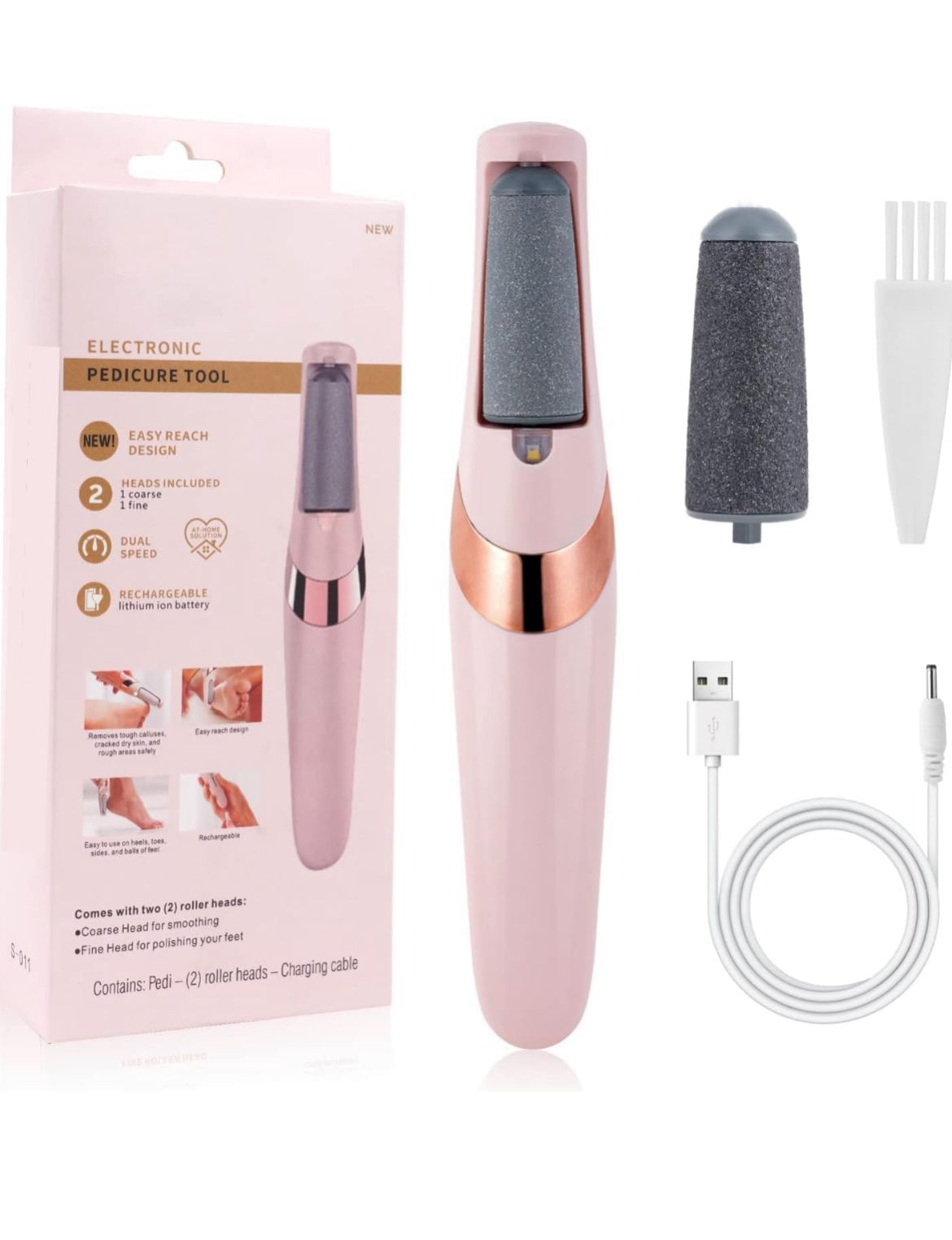 Rechargeable Electronic Pedicure Tool – Dual Speed Callus Remover with 2 Roller Heads & USB Charger (Pink & Rose Gold)