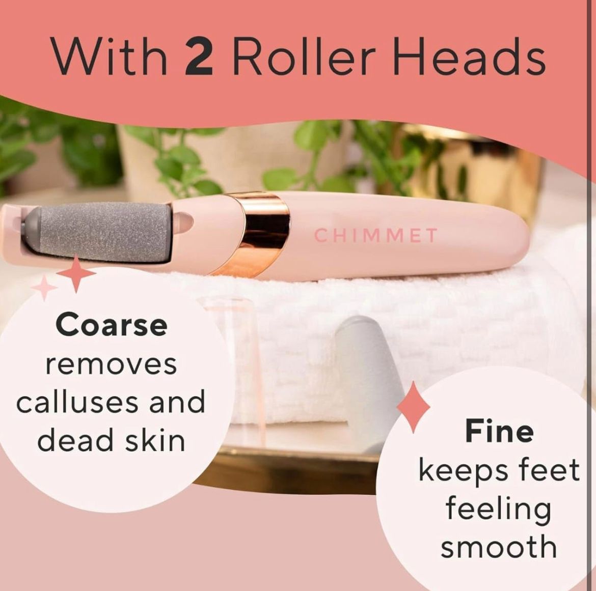 Rechargeable Electronic Pedicure Tool – Dual Speed Callus Remover with 2 Roller Heads & USB Charger (Pink & Rose Gold)
